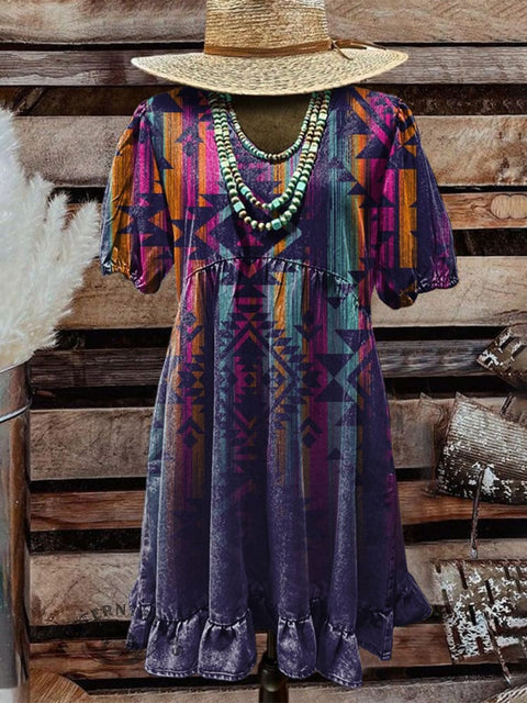 Colorful Aztec Women's Print Pocket Cotton Dress