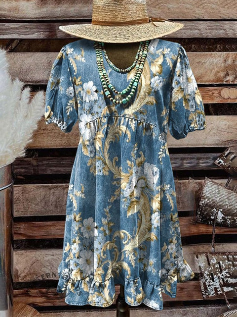 Gorgeous Flower Gradient Art Illustration Women's Print Pocket Cotton Dress