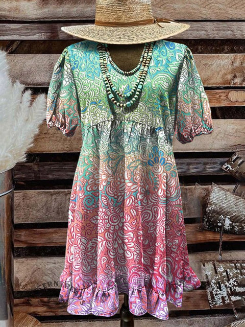 Colorful Flowers Gradient Art Illustration Women's Print Pocket Cotton Dress
