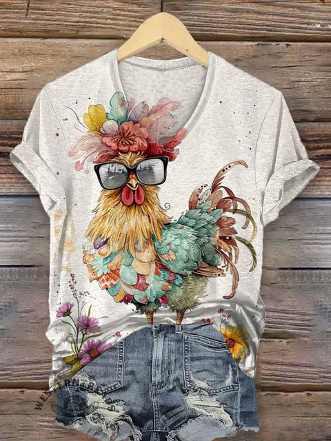 Women's Chicken Print V-neck Casual T-Shirt
