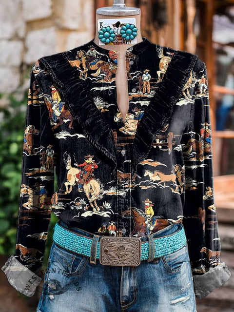 Women's Black Classic West Print Casual Cotton And Linen Shirt