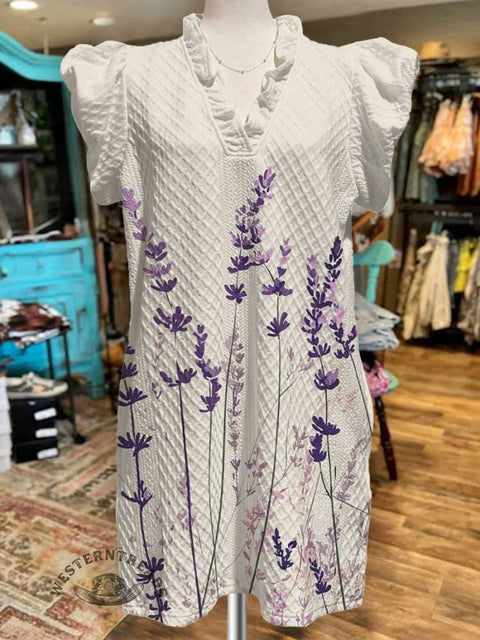 Women's Flower Print V-Neck Button Pocket Cotton Dress