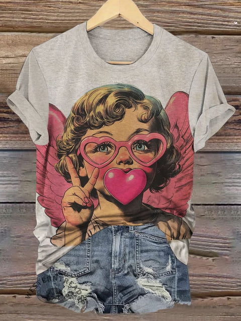 Valentine Cupid Print Casual Short Sleeve Top