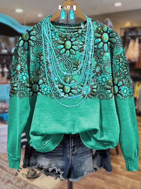 Turquoise Print Casual Sweatshirt