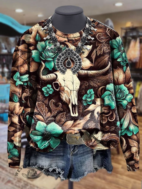 Cow Skull Print Casual Sweatshirt
