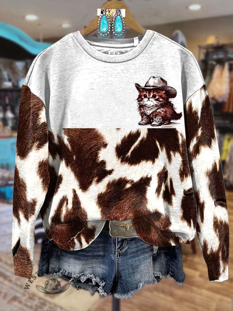 Western Cowboy Cat Print Casual Sweatshirt