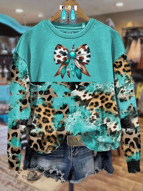 Leopard Bow Print Casual Sweatshirt