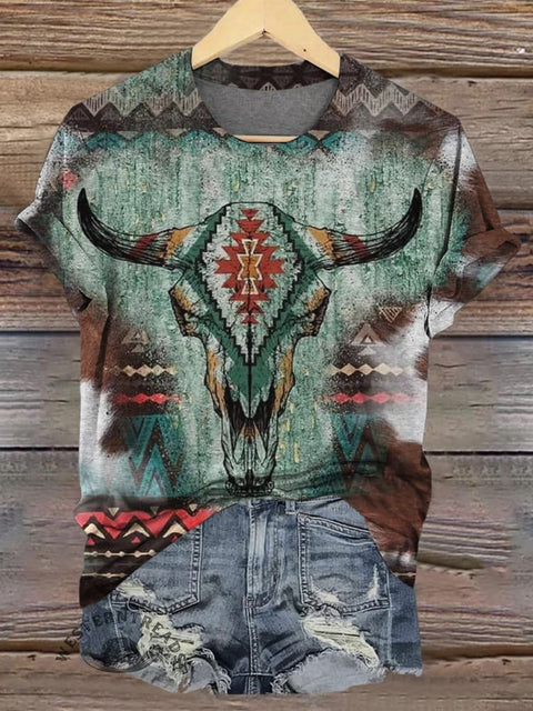 Cow Skull Print Casual Short Sleeve Top
