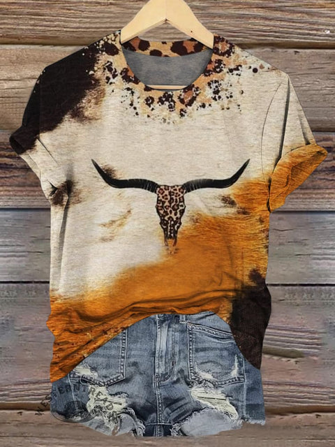 Cow Skull Print Casual Short Sleeve Top