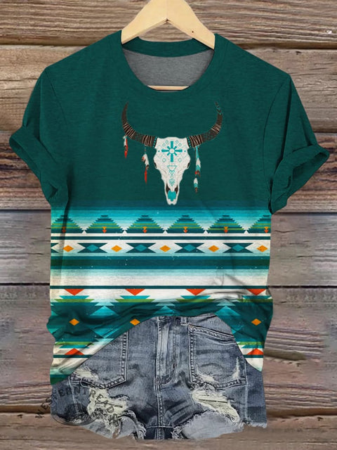 Cow Skull Print Casual Short Sleeve Top