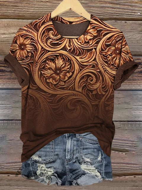 Western Art Print Casual Short Sleeve Top