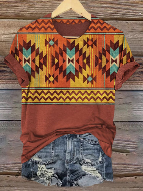 Aztec Art Print Casual Short Sleeve Top