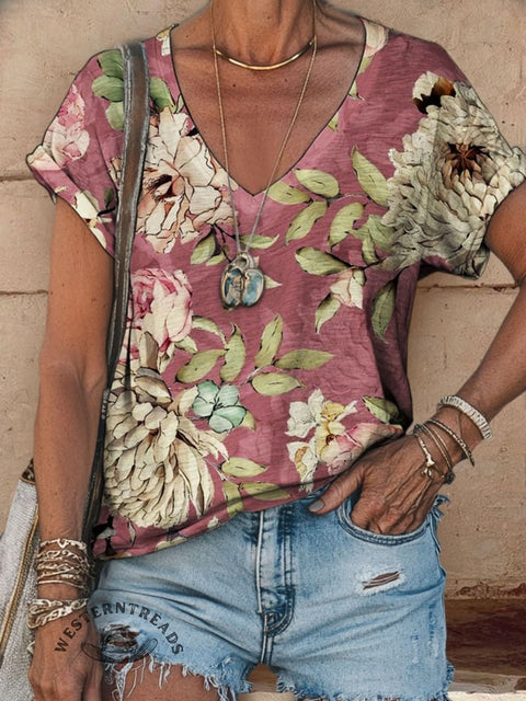 Retro Floral Print Casual V-neck Top