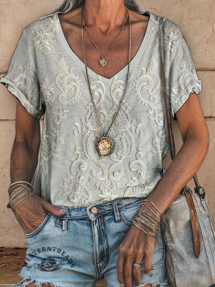 Retro Floral Print Casual V-neck Top