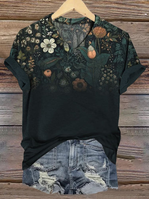 Retro Floral Print Casual V-neck Top