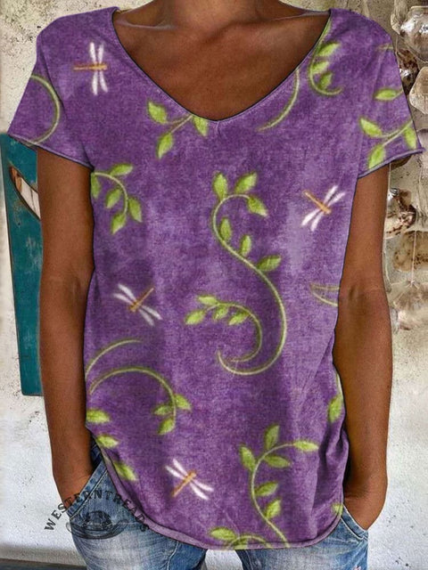 Flower Dragonfly Print T-Shirt