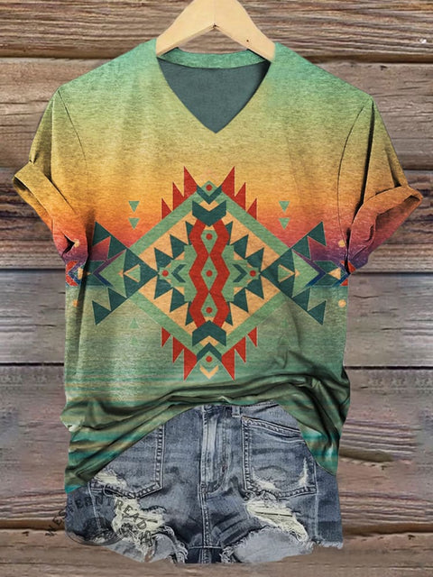 Women's Aztec Prints V-neck Casual T-Shirt