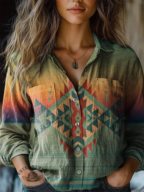 Women's Aztec Prints Casual Long Sleeve Comfortable Cotton Shirt