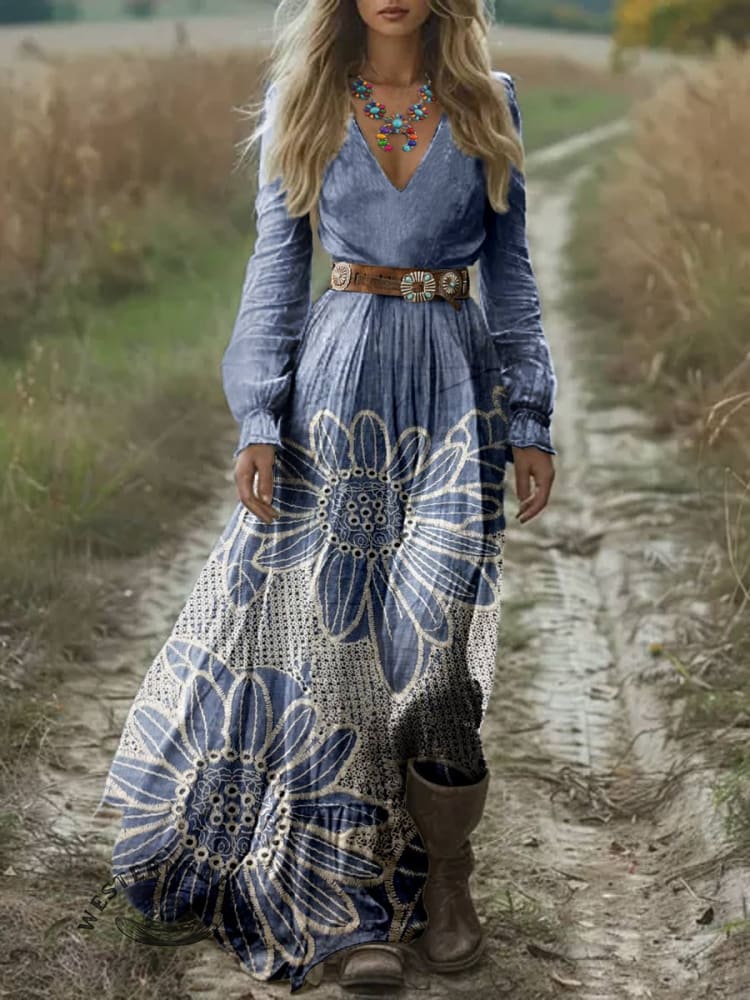 Women's Vintage Flowers Print Pocket Cotton Dress