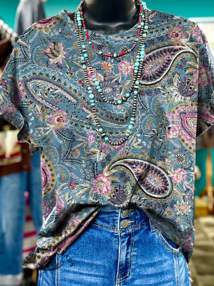Vintage Paisley Print Casual T-shirt