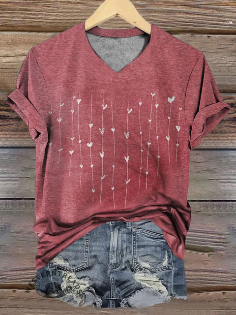 Heart Print Casual V-neck T-shirt