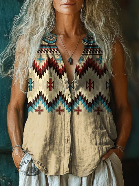 Women's Aztec Print Sleeveless Cotton Shirt