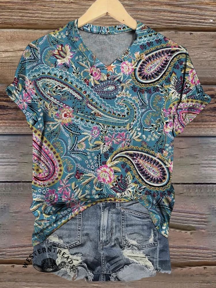 Vintage Paisley Print Casual T-shirt
