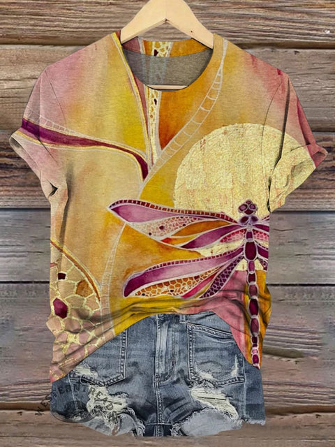 Women's Dragonfly Print Round Neck T-shirt