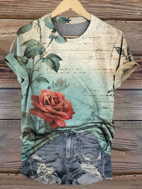 Women's Retro Floral Print Casual T-shirt
