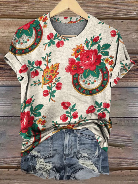 Women's Retro Floral Print Casual T-shirt