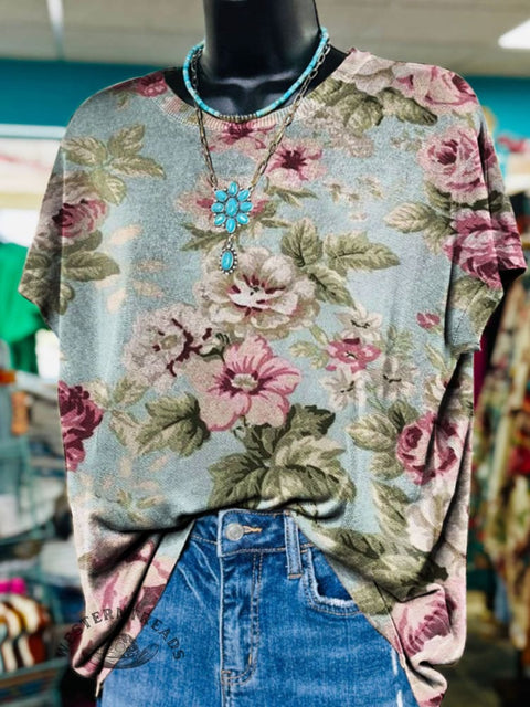 Women's Retro Floral Print Casual T-shirt