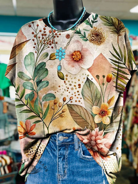 Women's Retro Floral Print Casual T-shirt