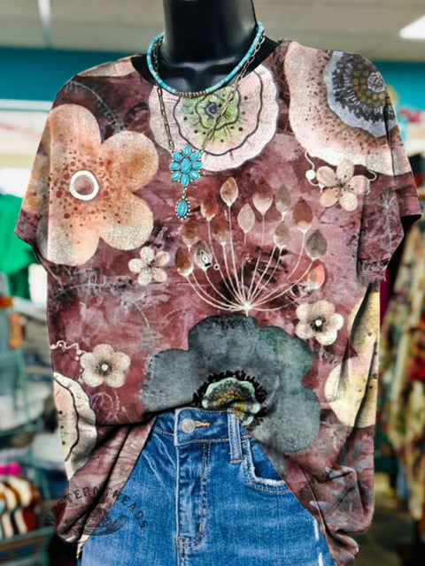 Retro Floral Print Casual T-shirt