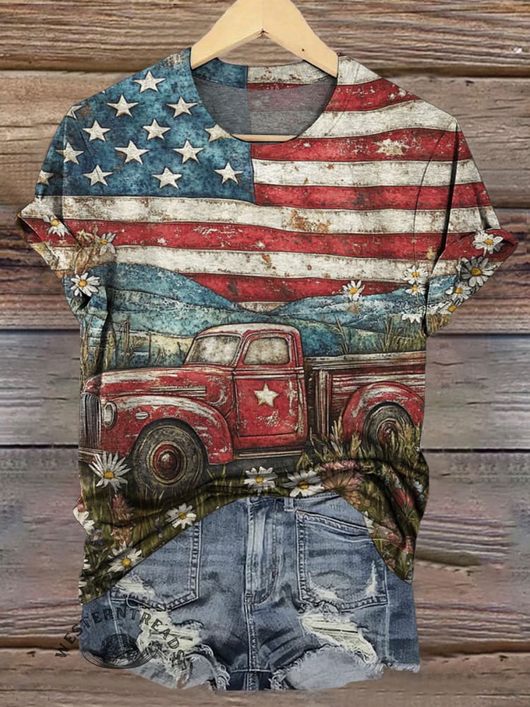 Vintage Independence Day American Flag Truck Print Casual Top