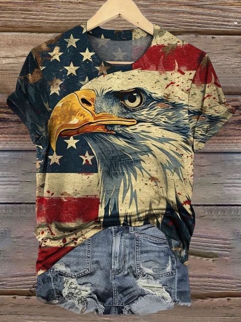 American Flag Eagle Print Casual Retro T-Shirt