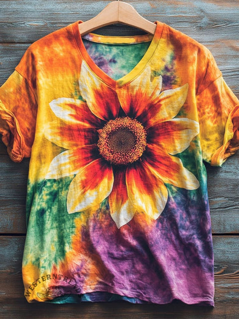 Colorful Sunflower Print Casual Top