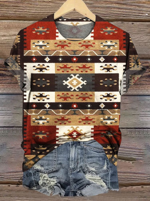 Retro Ethnic Aztec Art Print Casual T-shirt
