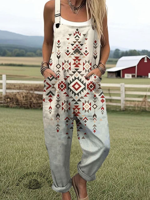 Western Aztec Art  Print Casual 100% Cotton Wide Leg Jumpsuit
