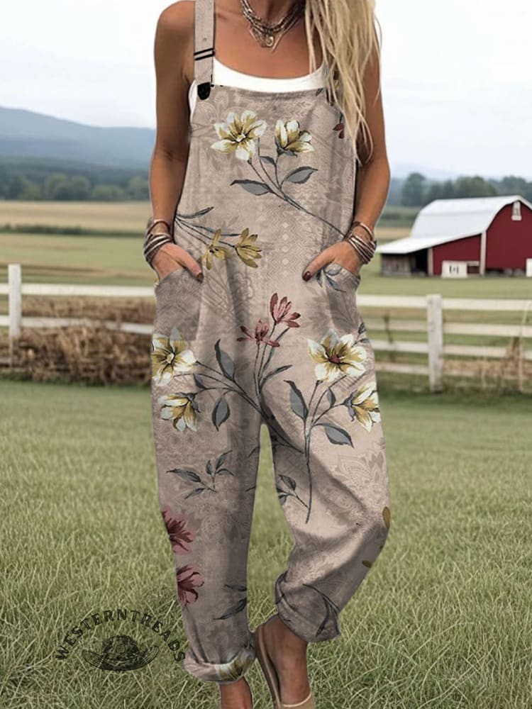 Vintage Flowers Print Casual 100% Cotton Wide Leg Jumpsuit