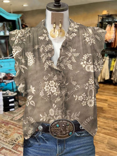 Elegant Floral Printed Ruffle Casual Top