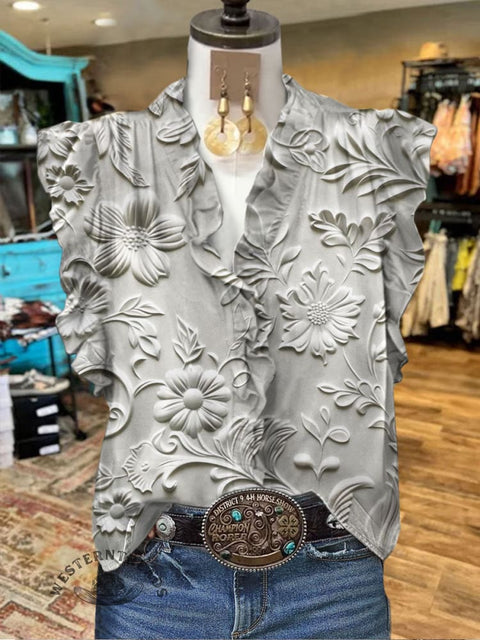 3D Floral Printed Ruffle Casual Top