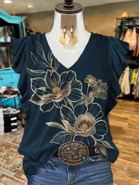 Floral Print Ruffled Casual T-shirt
