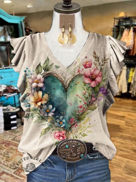 Floral Print Ruffled Casual T-shirt