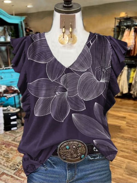 Simple Floral Print Ruffled Casual T-shirt