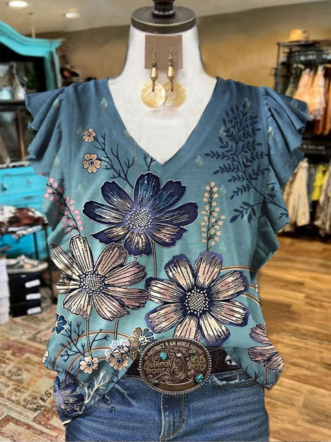 Floral Print Ruffled Casual T-shirt