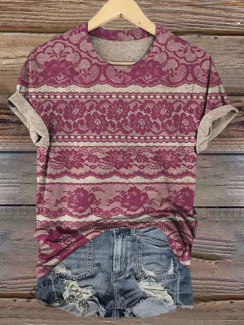 Elegant Lace Flowers Print Casual T-shirt