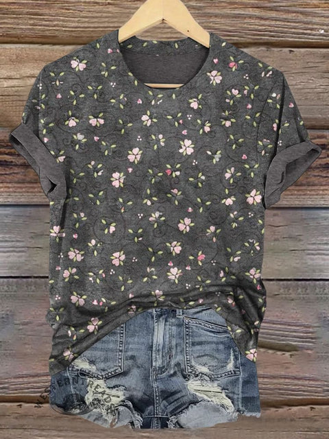 Simple Floral Print Casual T-shirt