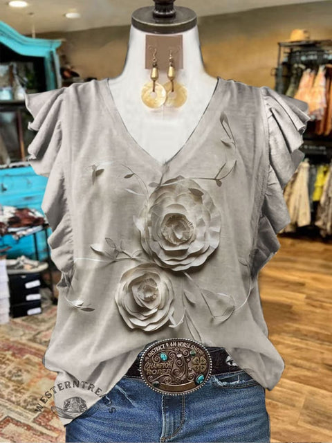 Floral Print Ruffled Casual T-shirt