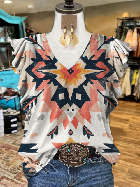 Aztec Print Ruffled Casual T-shirt