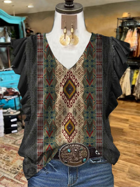 Aztec Print Ruffled Casual T-shirt